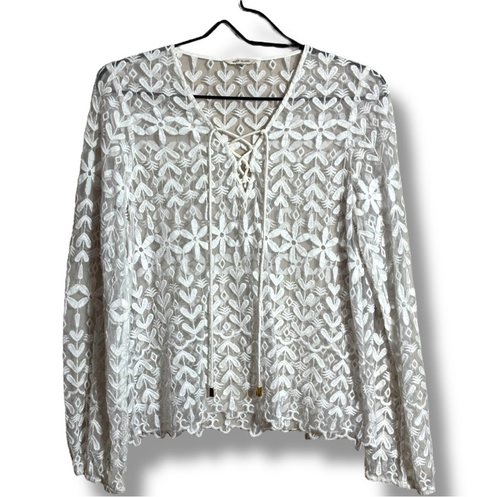 River Island Sheer Lace Up Front Floral Lace Design Long Sleeve Blouse in White - Picture 3 of 15